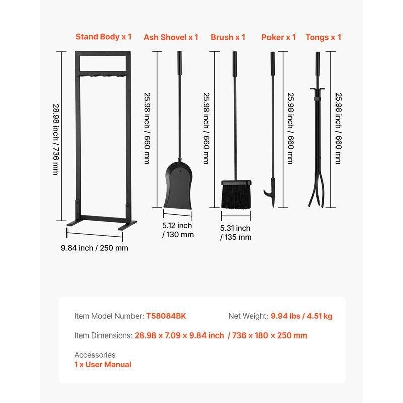 Mat Siyah Ferforje Çelik 5 Parça Kare Stantlı Şömine Maşa Takımı - 74 cm - 188675