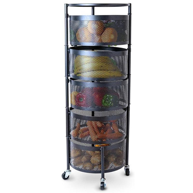Mat Siyah Karbon Çelik 5 Katlı Dönen Tekerlekli Sebzelik - 89x31x31 cm - 178415