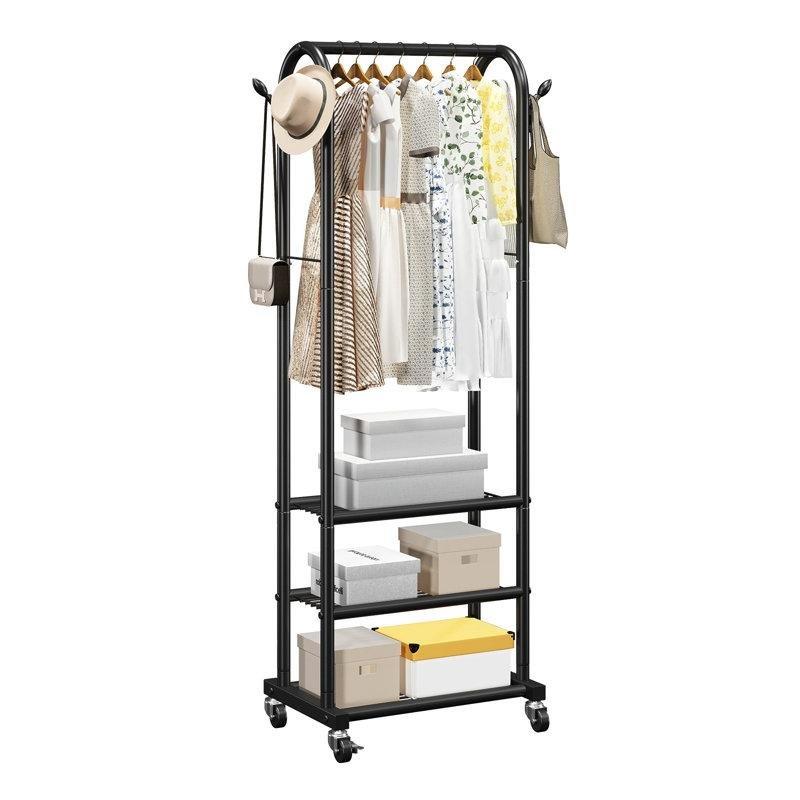 Mat Siyah Karbon Çelik Tekerlekli Raflı ve Kancalı Ayaklı Askılık - 47x44x181 cm - 165409
