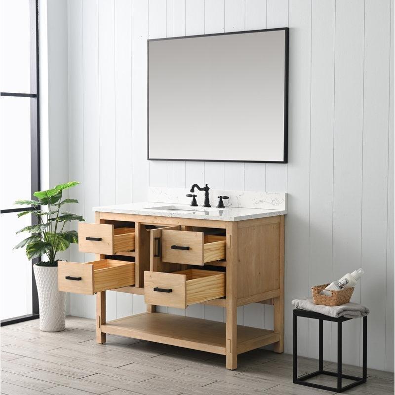 Mat Siyah Kulplu Eskitme Masif Ahşap 4 Çekmeceli Açık Raflı Banyo Lavabo Dolabı - 107 cm - 199862