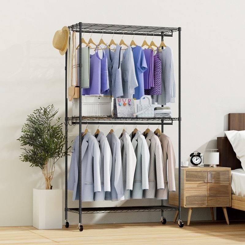 Mat Siyah Metal 3 Raflı 2 Askı Çubuklu Tekerlekli Ayaklı Askılık - 110x46x206 cm - 165403
