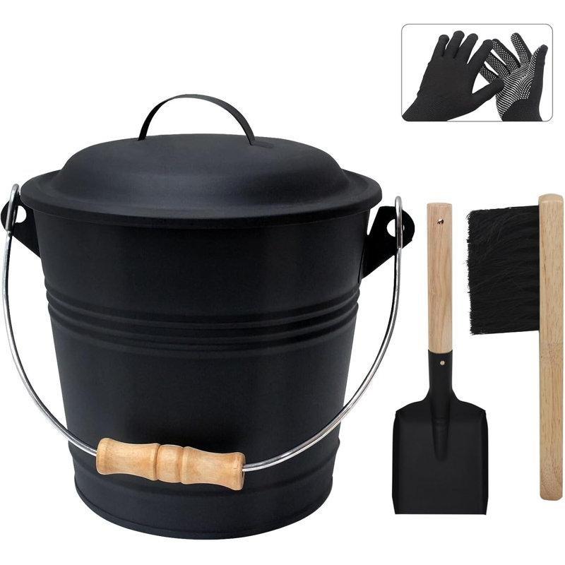 Mat Siyah Metal Kapaklı Kürekli ve Fırçalı Kül Kovası Seti 5 Litre - 188308