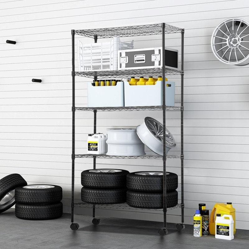 Mat Siyah Metal Tekerlekli Ayarlanabilir 5 Katlı Mutfak Rafı - 158x76 cm - 164068
