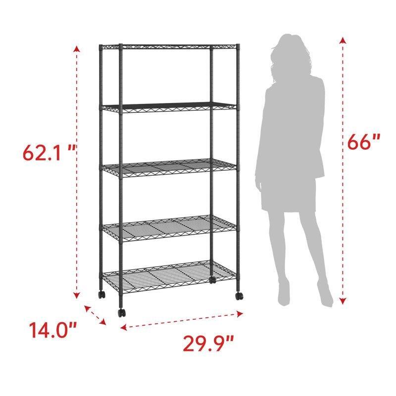 Mat Siyah Metal Tekerlekli Ayarlanabilir 5 Katlı Mutfak Rafı - 158x76 cm - 164068