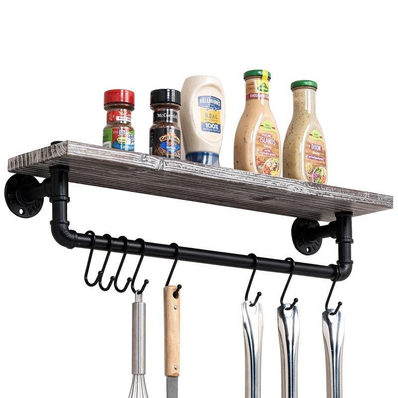 Mat Siyah Metal ve Eskitme Ahşap 8 Kancalı Endüstriyel Duvara Monte Mutfak Rafı - 54 cm - 163708
