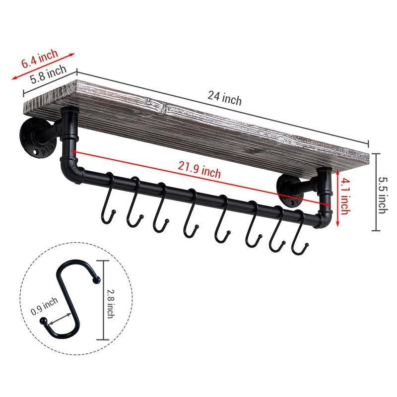 Mat Siyah Metal ve Eskitme Ahşap 8 Kancalı Endüstriyel Duvara Monte Mutfak Rafı - 54 cm - 163708