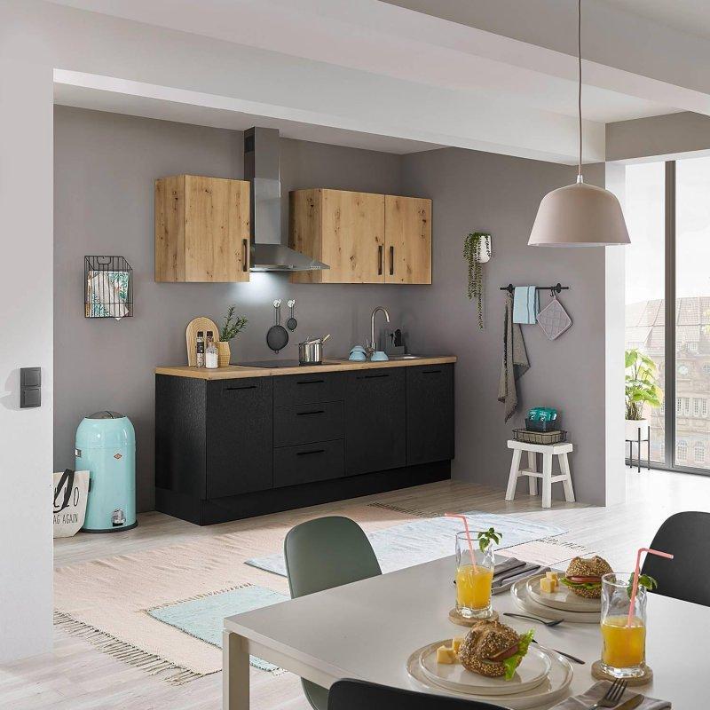 Mat Siyah Suntalam Artisan Meşe Tezgahlı Frenli Hazır Mutfak - 220 cm - 185714