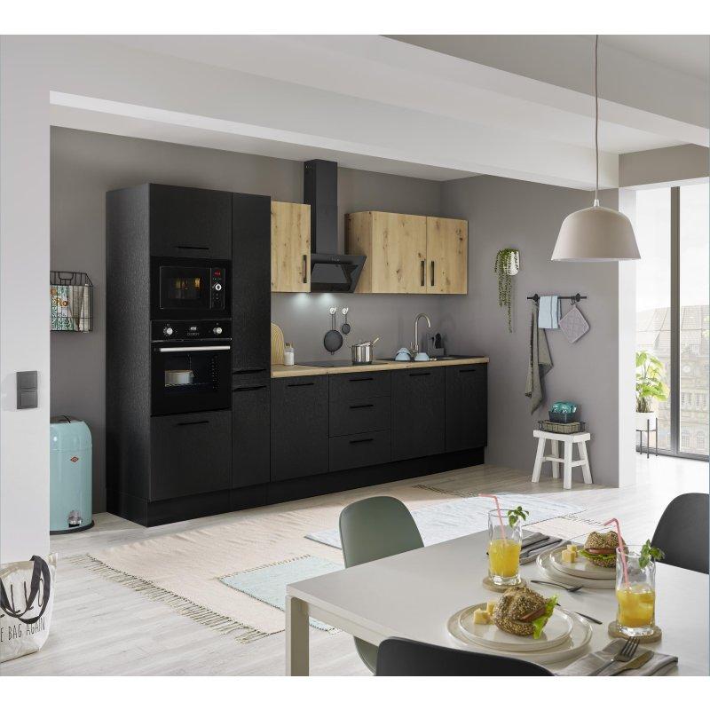 Mat Siyah ve Ahşap Desenli Suntalam Ankastre Cihazlı ve Kiler Dolaplı Hazır Mutfak Seti - 310 cm - 185684