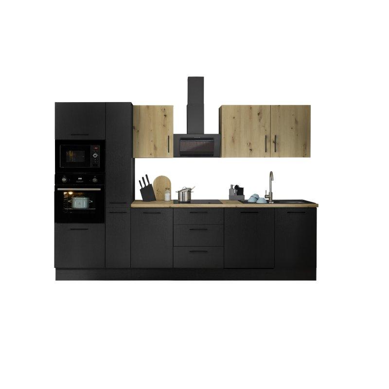 Mat Siyah ve Ahşap Desenli Suntalam Ankastre Cihazlı ve Kiler Dolaplı Hazır Mutfak Seti - 310 cm - 185684