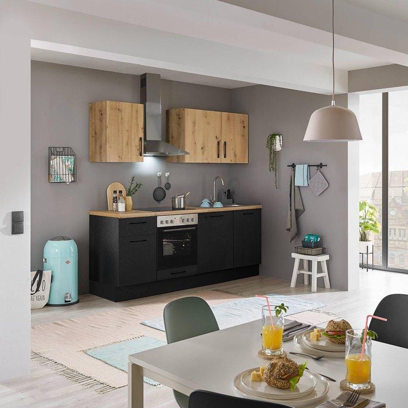 Mat Siyah ve Artisan Meşe Suntalam Frenli 8 Parçalı Mutfak Modeli - 220 cm - 185621