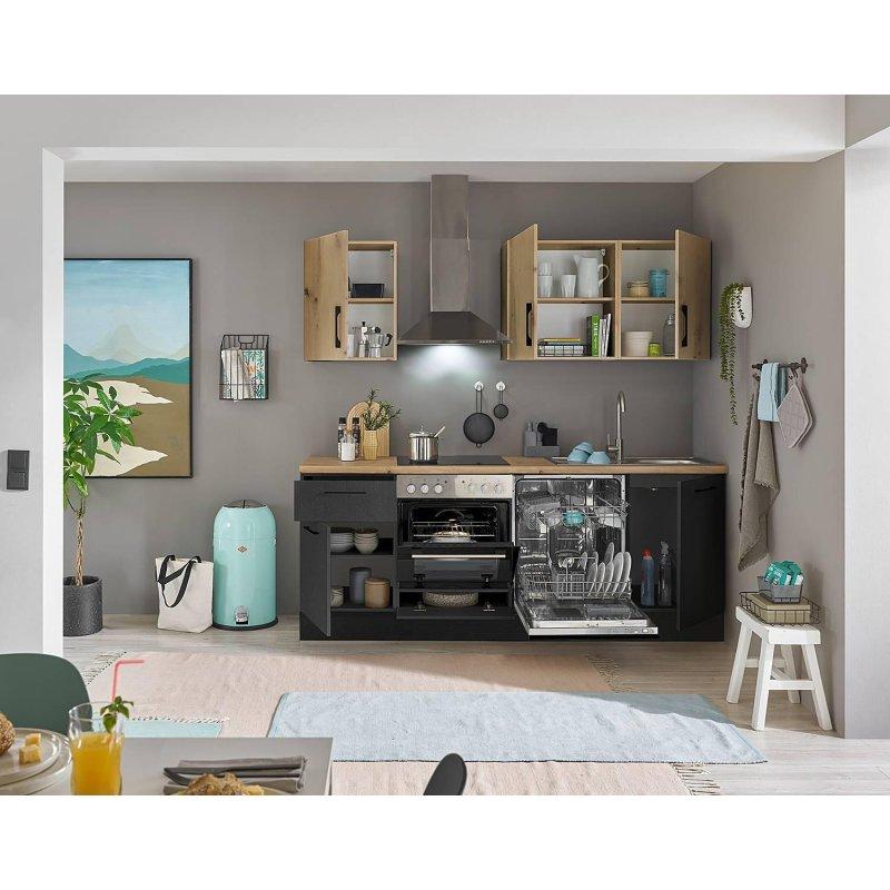 Mat Siyah ve Artisan Meşe Suntalam Frenli 8 Parçalı Mutfak Modeli - 220 cm - 185621