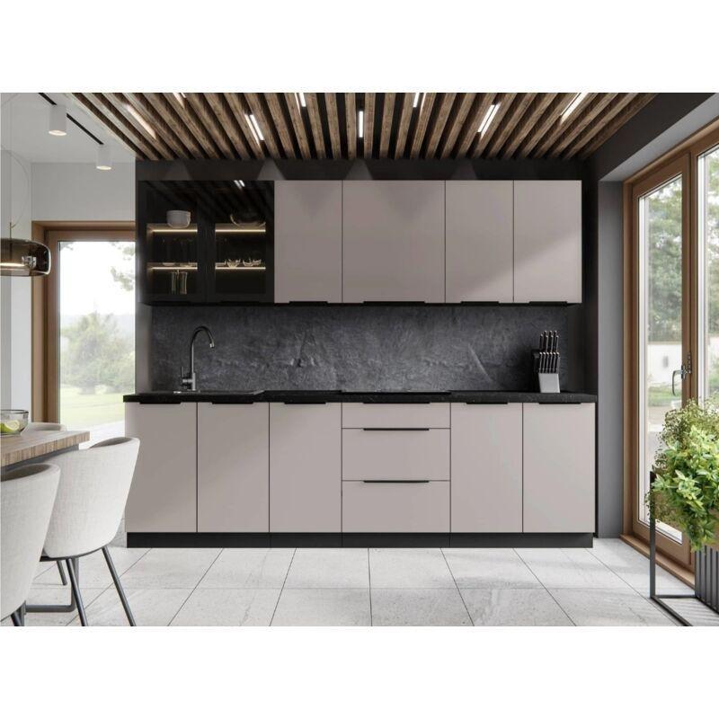 Mat Siyah ve Bej Frenli Menteşeli Laminat Mutfak Modeli - 260 cm - 186005