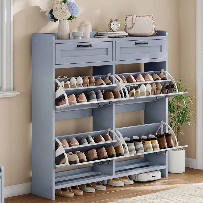 Mavi Ahşap 4 Katlı Çekmeceli Düşer Kapaklı Ayakkabılık - 44x123 cm - 230038