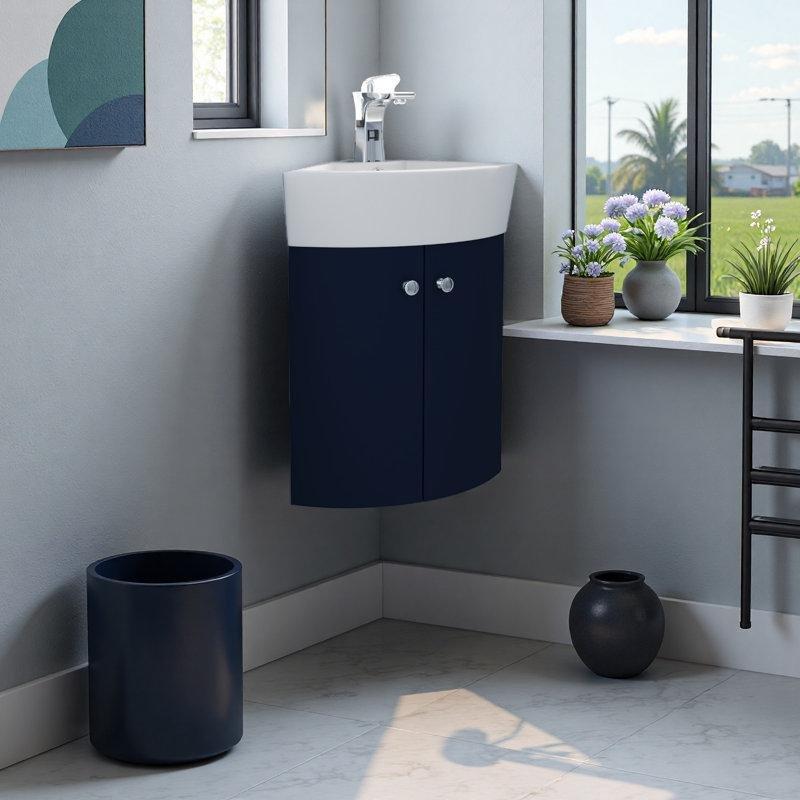 Mavi Ahşap Aynalı Duvara Monte Köşe Banyo Lavabo Dolabı - 198536