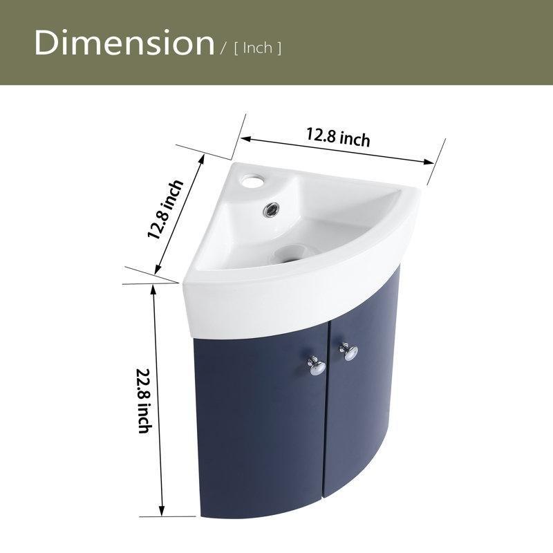 Mavi Ahşap Aynalı Duvara Monte Köşe Banyo Lavabo Dolabı - 198536