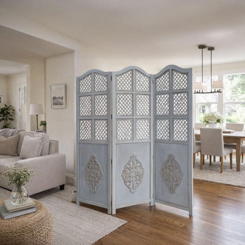 Mavi Ahşap Oymalı 3 Panelli Açılır Kapanır Paravan - 153x181 cm - 184442