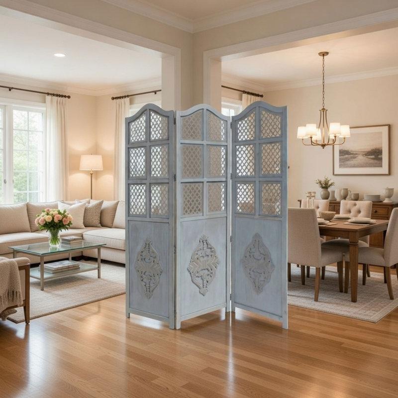 Mavi Ahşap Oymalı 3 Panelli Açılır Kapanır Paravan - 153x181 cm - 184442