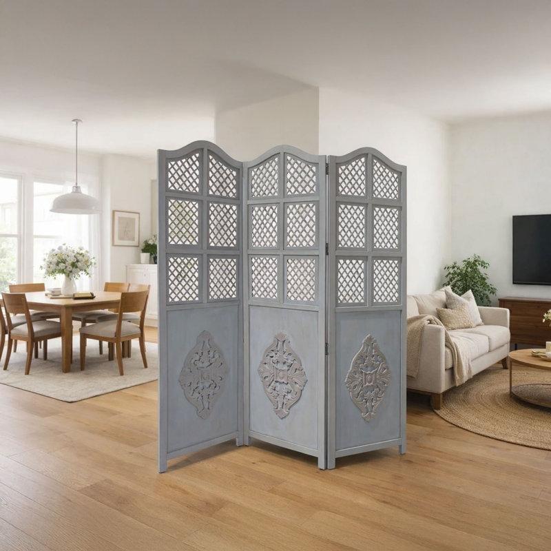 Mavi Ahşap Oymalı 3 Panelli Açılır Kapanır Paravan - 153x181 cm - 184442