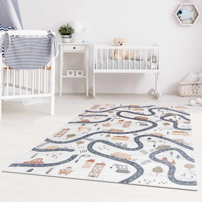 Mavi Bej Polyester Araba Yolu Desenli Makine Dokuması Oyun Halısı - 201x275 cm - 182640