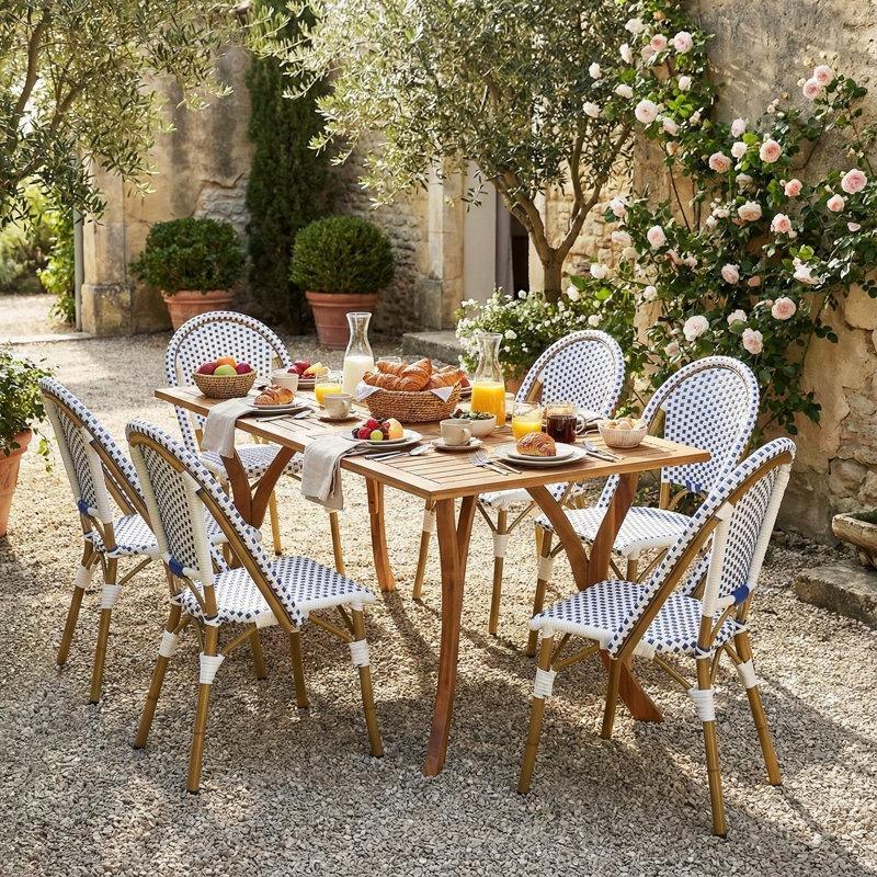Mavi Beyaz Rattan Detaylı Masif Akasya 6 Kişilik Bahçe Masa Takımı - 150 cm - 215285