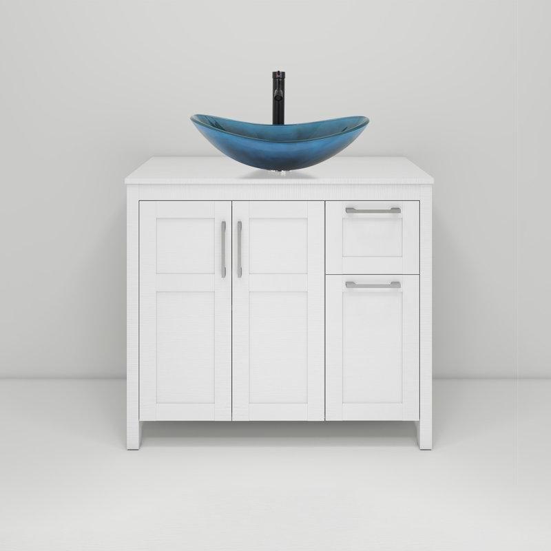 Mavi Cam Lavabolu Beyaz Endüstriyel Ahşap Çekmeceli Ayaklı Banyo Dolabı - 91 cm - 202051