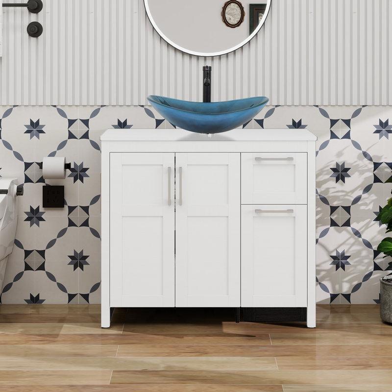 Mavi Cam Lavabolu Beyaz Endüstriyel Ahşap Çekmeceli Ayaklı Banyo Dolabı - 91 cm - 202051