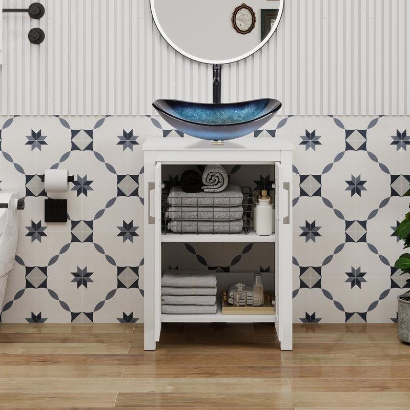Mavi Cam Lavabolu Beyaz MDF Ayaklı Yavaş Kapanır Kapaklı Banyo Dolabı - 60 cm - 201574