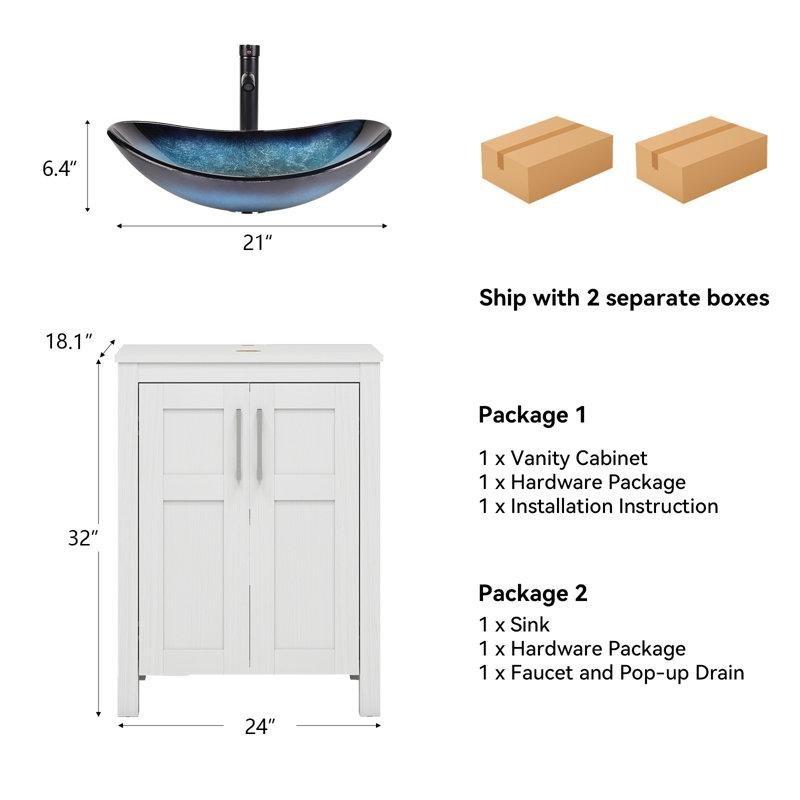 Mavi Cam Lavabolu Beyaz MDF Ayaklı Yavaş Kapanır Kapaklı Banyo Dolabı - 60 cm - 201574