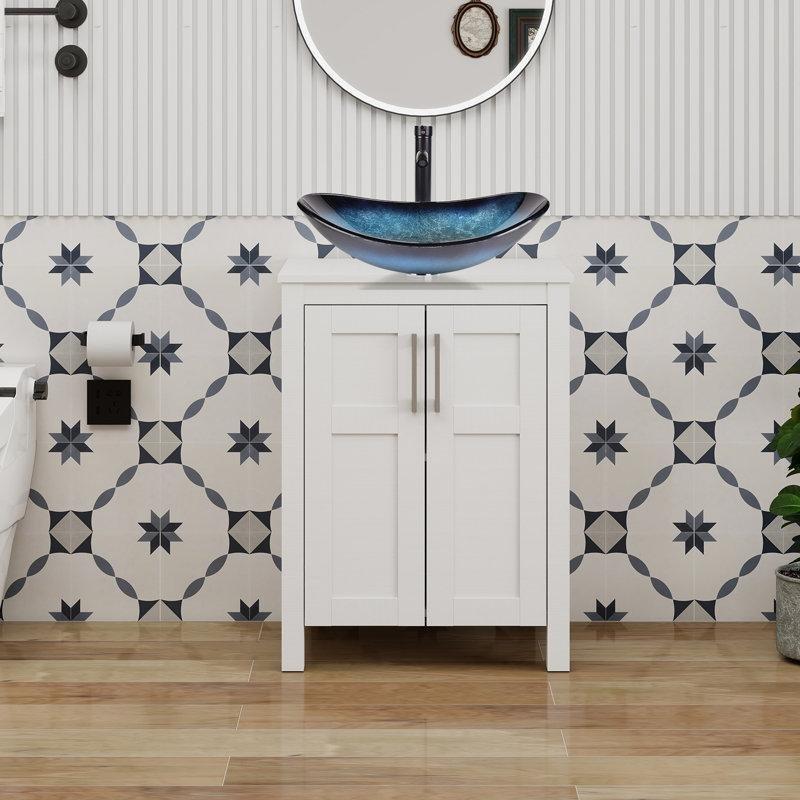 Mavi Cam Lavabolu Beyaz MDF Ayaklı Yavaş Kapanır Kapaklı Banyo Dolabı - 60 cm - 201574