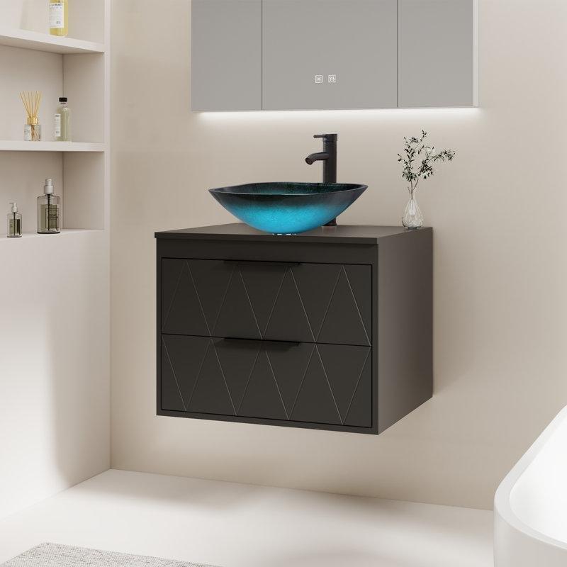 Mavi Cam Lavabolu Siyah Ahşap Duvara Monte Çekmeceli Banyo Dolabı - 61 cm - 200459