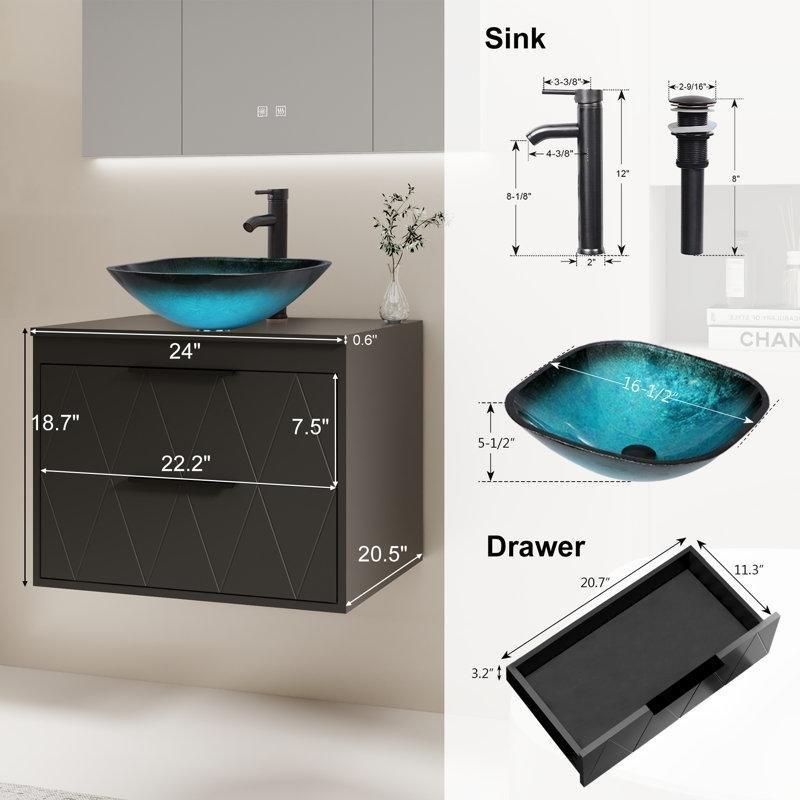 Mavi Cam Lavabolu Siyah Ahşap Duvara Monte Çekmeceli Banyo Dolabı - 61 cm - 200459