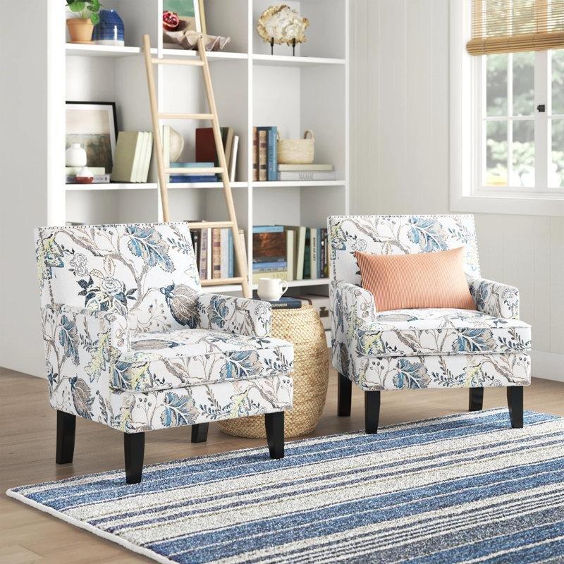 Mavi Çiçek Desenli Zımba Detaylı Masif Ahşap Ayaklı 2li Set Tekli Koltuk - 70 cm - 204981