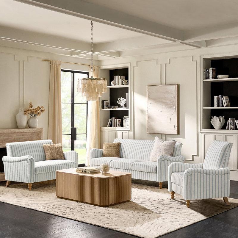 Mavi Çizgili Kumaş Masif Ahşap Bacaklı Berjerli 3 Parça Kır Evi Koltuk Takımı - 191016