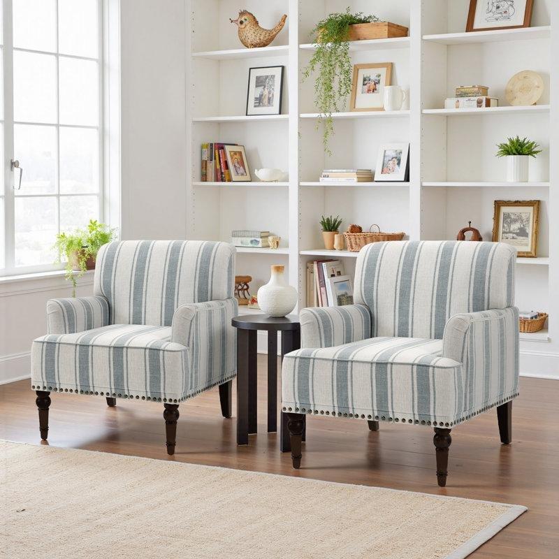 Mavi Çizgili Pamuk Karışımlı Zımba Detaylı Masif Ahşap Ayaklı Tekli Koltuk - 204393