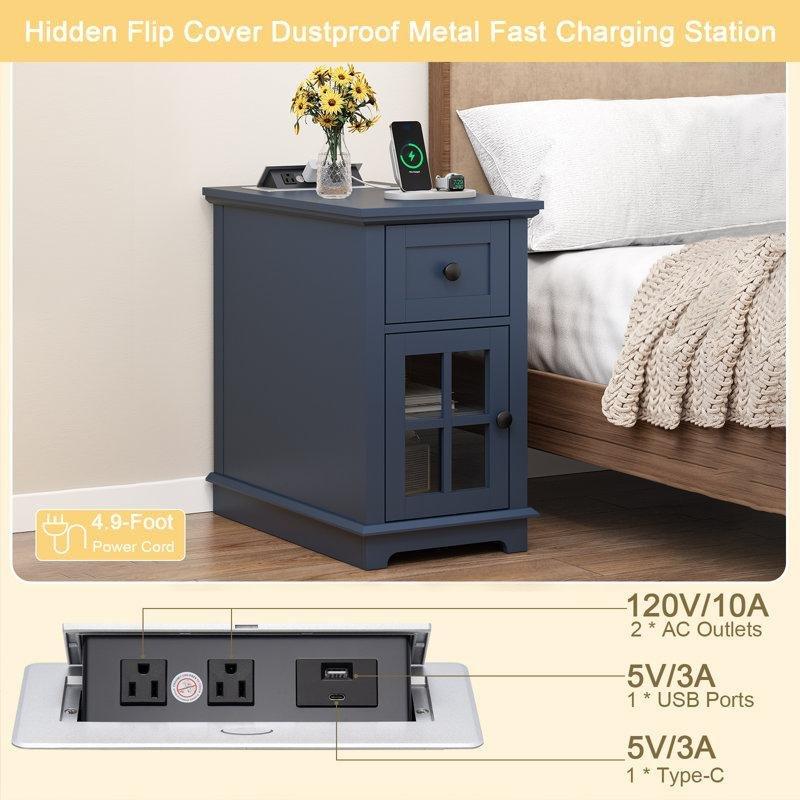 Mavi Dahili Prizli ve USBli Çekmeceli Kapaklı İkili Ahşap Komodin Seti - 222714
