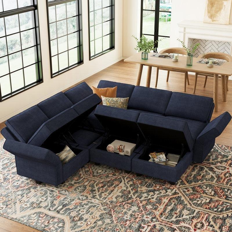 Mavi Fitilli Kadife Kumaş Modüler Saklama Alanlı Köşe Koltuk - 230x230 cm - 193501