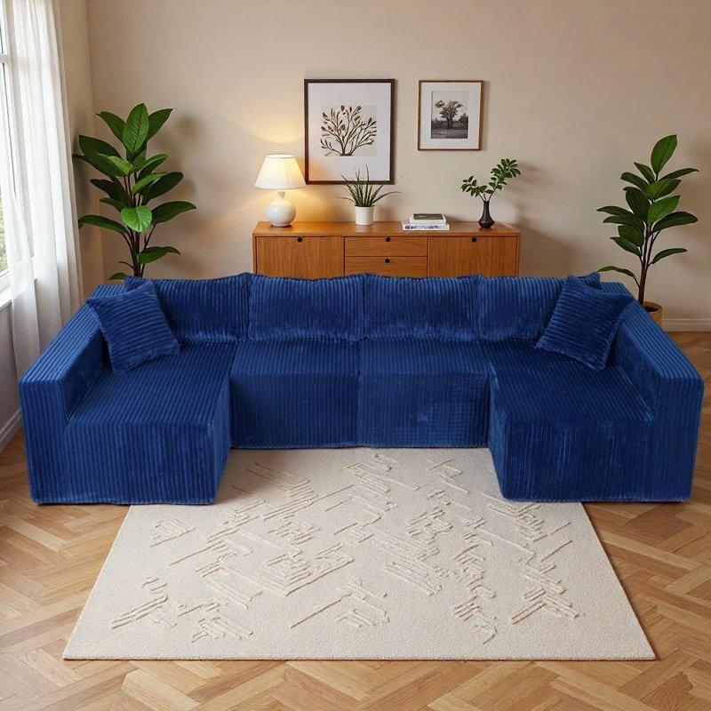 Mavi Fitilli Kadife Kumaş Modüler U Şekilli Yataklı Koltuk - 326 cm - 194185