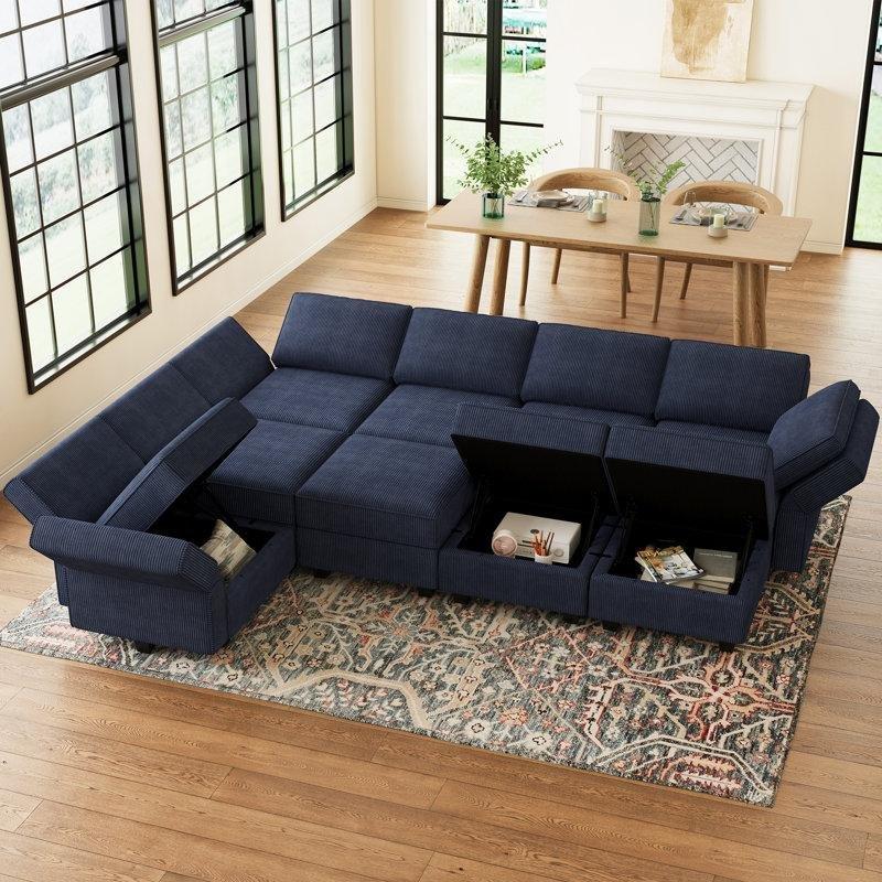 Mavi Fitilli Kadife Modüler Depolama Alanlı Yataklı Köşe Koltuk Takımı - 297x229 cm - 193478