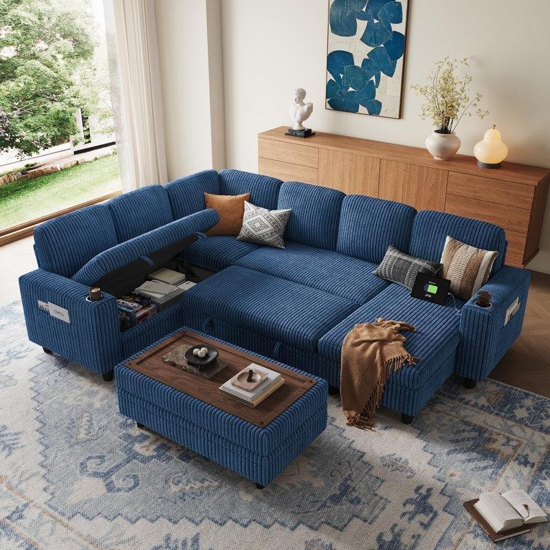 Mavi Fitilli Kadife Yataklı Sandıklı USB Şarjlı Modüler U Köşe Koltuk Takımı - 194576