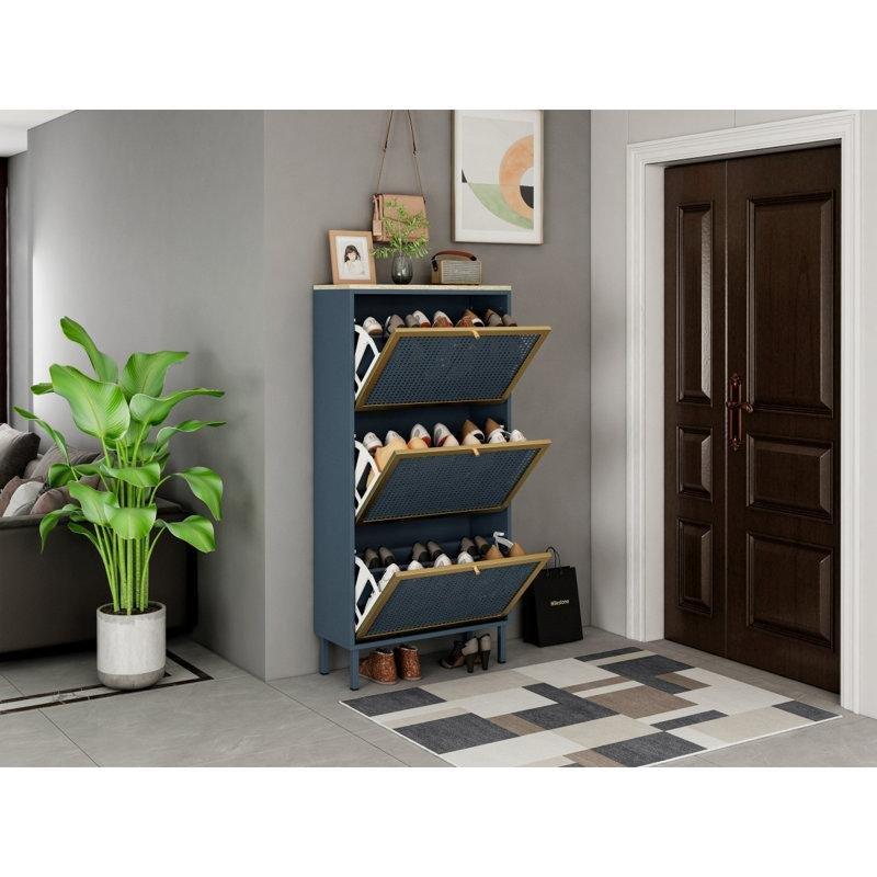 Mavi Gri Ahşap ve Metal 3 Kapaklı Rattan Desenli Ayakkabılık - 134x40x186 cm - 230009