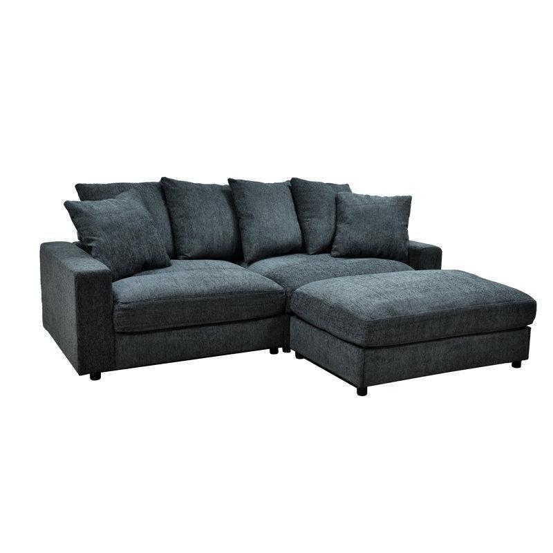 Mavi Gri Fitilli Kadife Kumaş Modüler Yönü Değiştirilebilir Puflu Köşe Koltuk Takımı - 227x172 cm - 193879