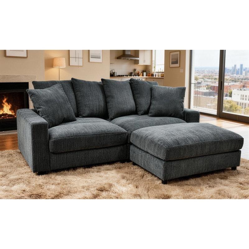 Mavi Gri Fitilli Kadife Kumaş Modüler Yönü Değiştirilebilir Puflu Köşe Koltuk Takımı - 227x172 cm - 193879