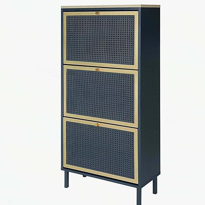 Mavi-Gri Metal Petek Rattan Desenli 3 Kapaklı Ayakkabılık - 61 cm - 228646