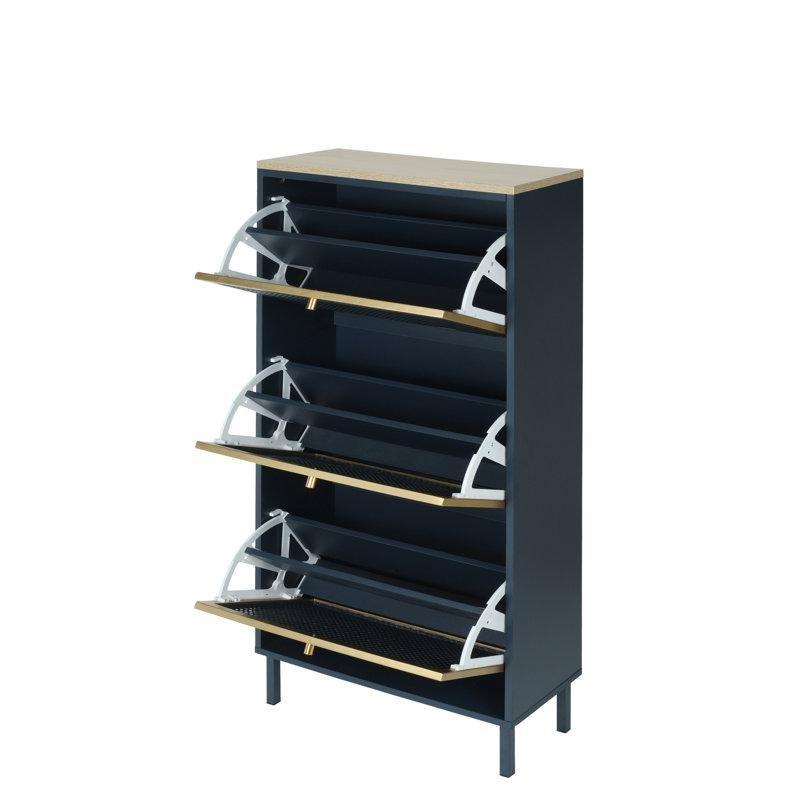 Mavi-Gri Metal Petek Rattan Desenli 3 Kapaklı Ayakkabılık - 61x24x126 cm - 229060