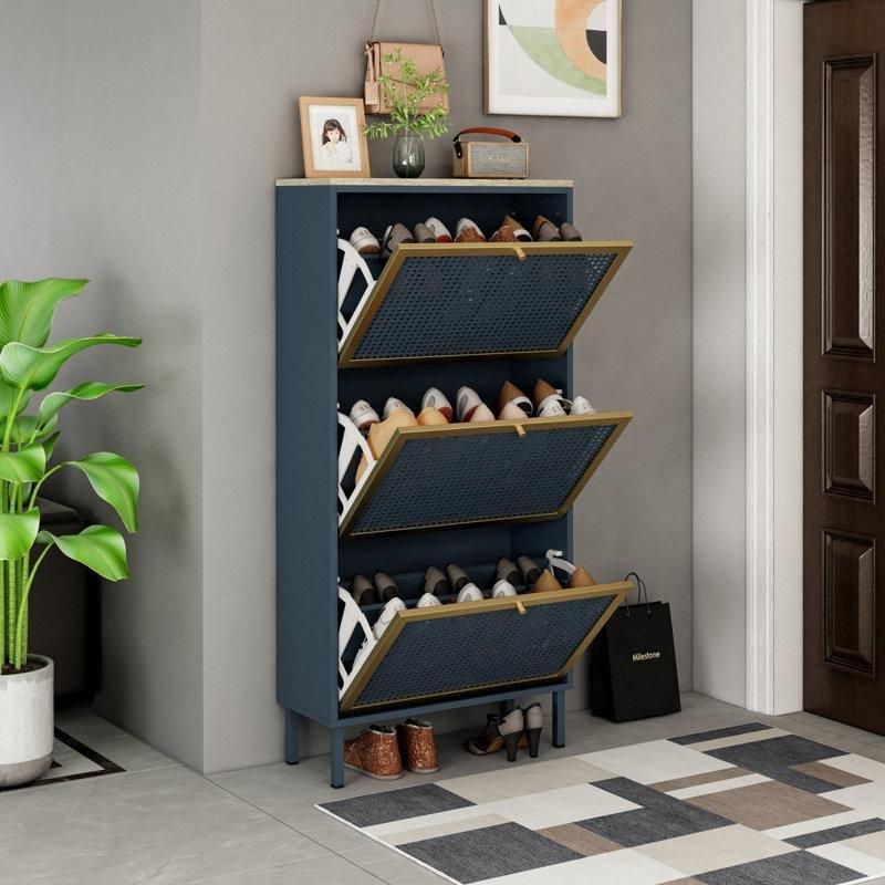 Mavi-Gri Metal Rattan Desenli 3 Kapaklı Ayakkabılık - 61x24x126 cm - 227273