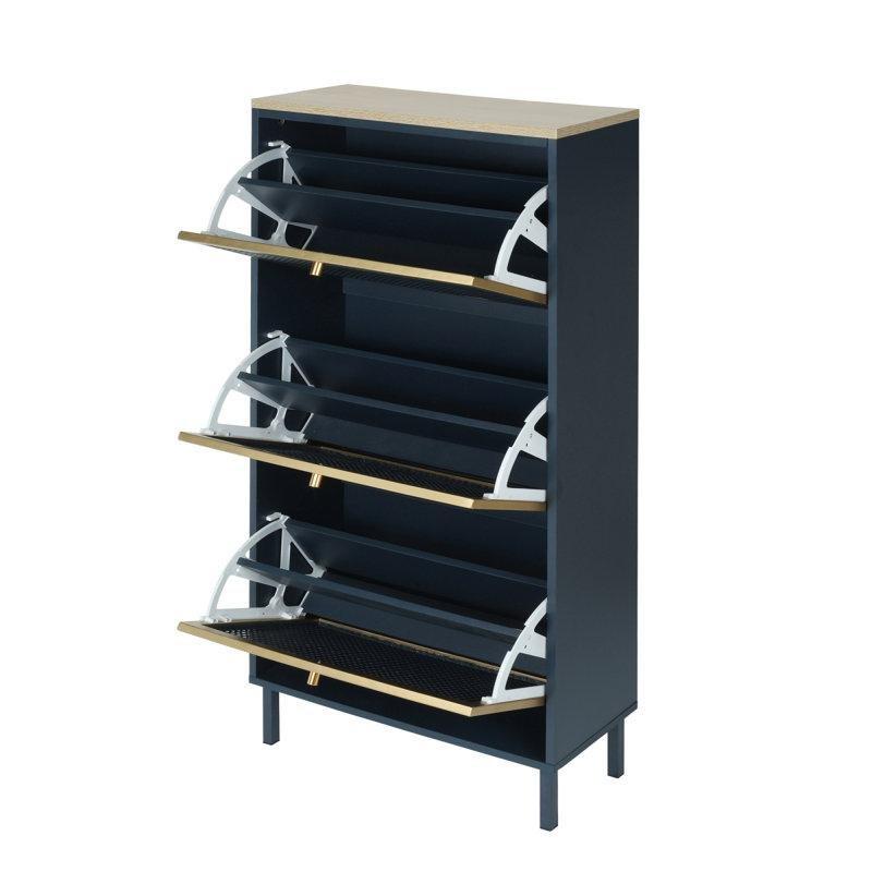 Mavi-Gri Metal Rattan Desenli 3 Kapaklı Ayakkabılık - 61x24x126 cm - 227273