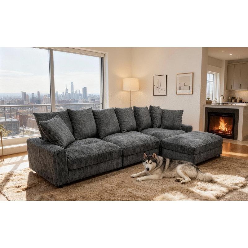 Mavi Gri Polyester Kumaş Yönü Değiştirilebilir Modüler Puflu Köşe Koltuk Takımı - 322x172 cm - 193931