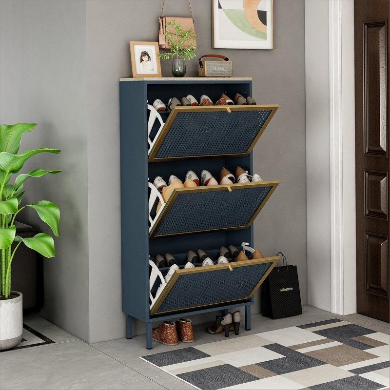 Mavi Gri Rattan Desenli Metal Düşer Kapaklı Ayakkabılık - 61x25x123 cm - 227419