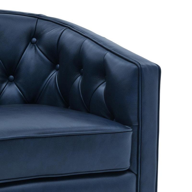 Mavi Hakiki Deri Masif Ahşap Kapitoneli Döner Tekli Koltuk - 78 cm - 204729