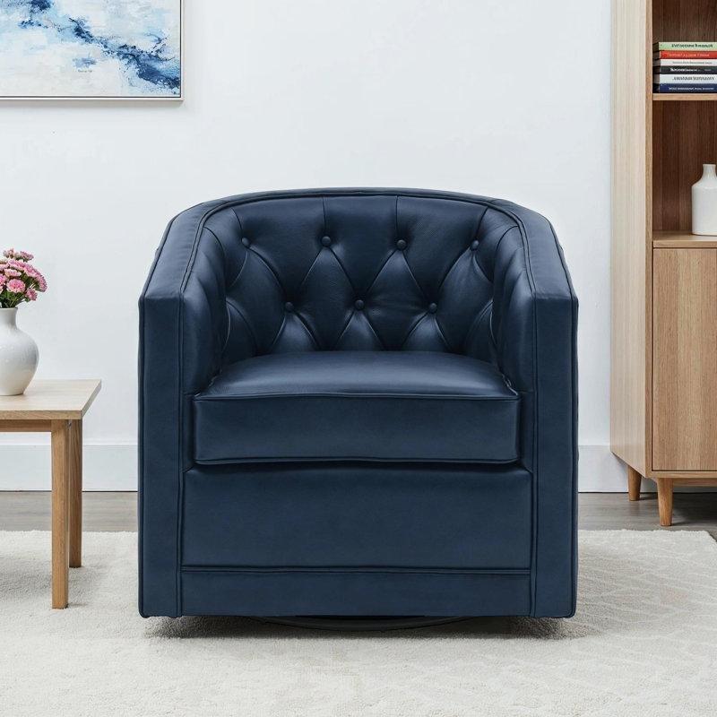 Mavi Hakiki Deri Masif Ahşap Kapitoneli Döner Tekli Koltuk - 78 cm - 204729